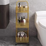 3 Tier Bathroom Storage Cart Metal Rolling Cart with Handle, 3 Shelves and 3 Hanging Baskets for Kitchen and Bathroom Organization